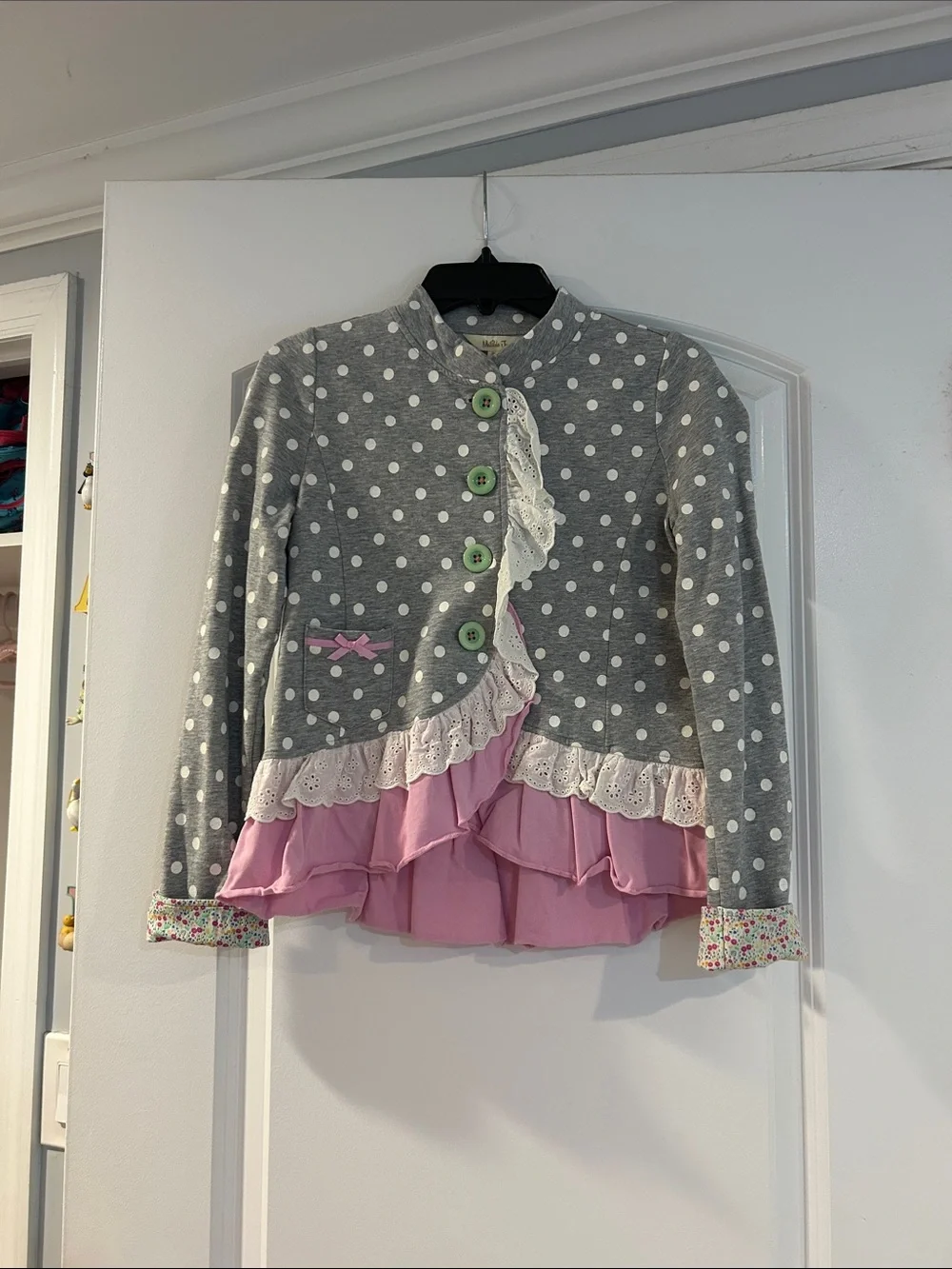 Girls' Matilda Jane Grey Polka Dot Ruffle Jacket with Pink Trim